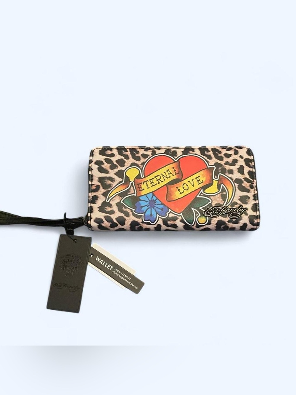 Ed Hardy Leopard Zip Wallet with Red Heart Tattoo Graphic